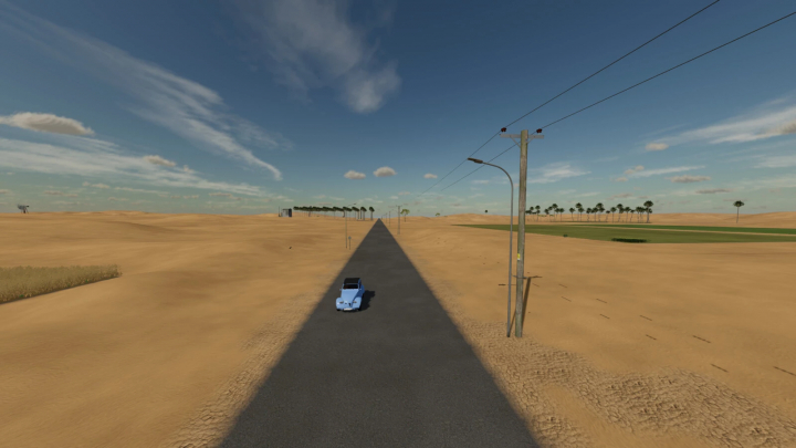 fs22-mods,  Long desert road in FS22 Desert Oasis mod, featuring sparse palm trees and a blue car.