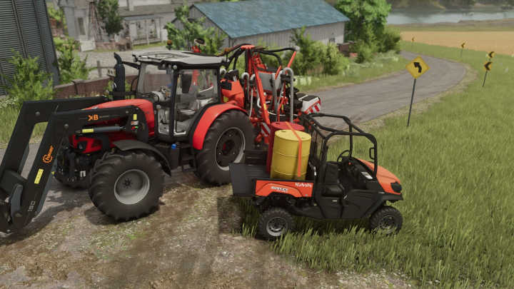 fs25-mods, FS25 mod Diesel Barrel v1.0.0.0 with tractor and utility vehicle in a rural setting.