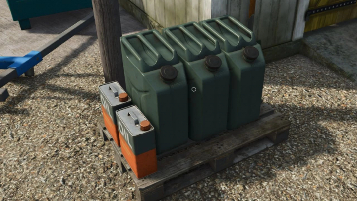 fs25-mods,  FS25 mod featuring diesel canisters and oil containers on a pallet in Farming Simulator 25.