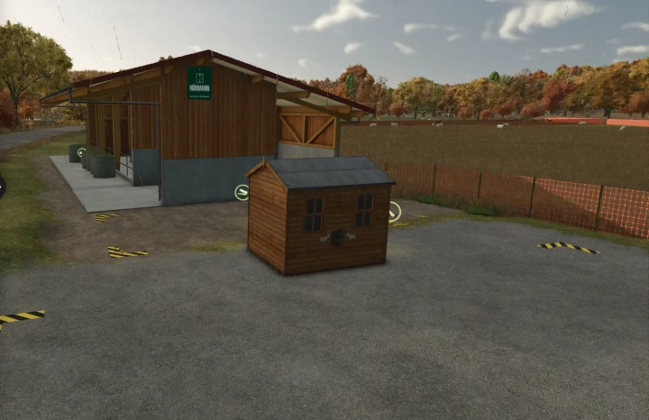 fs25-mods,  FS25 mod Distribution for Animal Products shows a barn with storage and a small wooden shed.