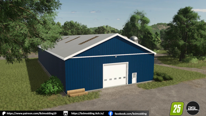 fs25-mods,  FS25 mods - 65x150 shed v1.0.0.0 in Farming Simulator 25, featuring a large blue storage building with a white door in a rural setting.