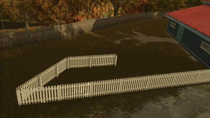 fs25-mods,  FS25 Easy Fences mod showing white picket fences in Farming Simulator 25.