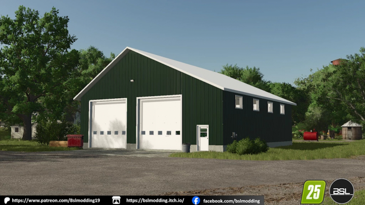 fs25-mods,  FS25 Garage 55x65 mod for Farming Simulator 25, featuring a green barn with white doors, surrounded by trees and farm equipment.