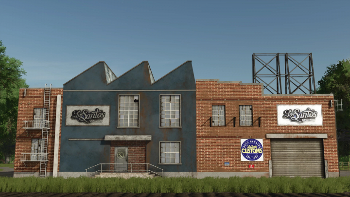 fs25-mods,  FS25 Los Santos Customs mod building with brick facade and logo, featured in Farming Simulator 25.