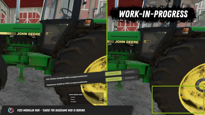 fs25-mods,  FS25 Modular HUD v1.0.0.0 mod in progress, featuring a John Deere tractor with interface options in Farming Simulator 25.