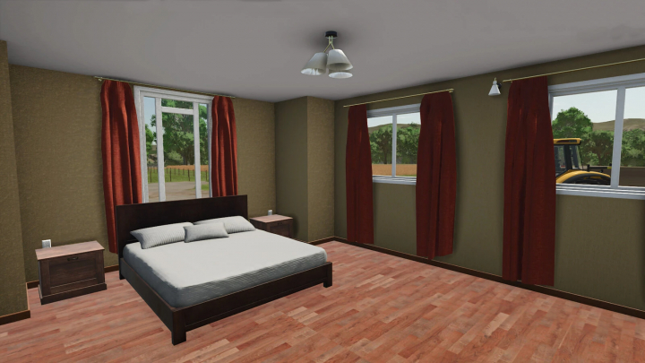 fs25-mods,  FS25 Farmhouse mod v1.0.0.0 bedroom with bed and red curtains