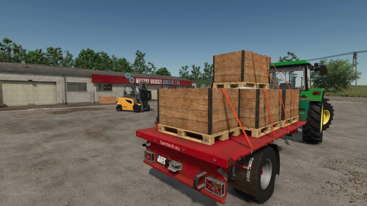 fs25-mods,  Fillable pallet mod in FS25 with tractor and forklift at a warehouse.