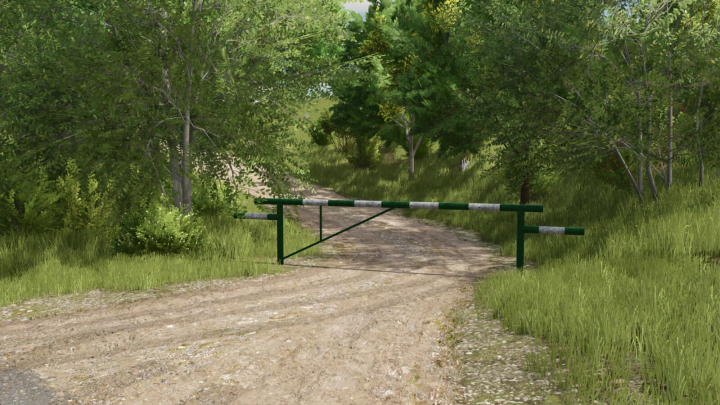 fs25-mods,  Forest barrier on a dirt path in FS25 mod, surrounded by greenery.