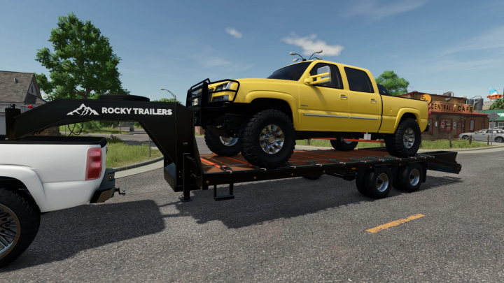 fs25-mods,  Gooseneck Trailer mod in FS25 showcasing a yellow truck on a Rocky Trailers flatbed.