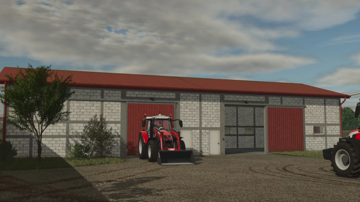 fs25-mods,  Grain Hall mod in Farming Simulator 25 featuring a modern grain storage facility with a red-roofed building and tractor outside.