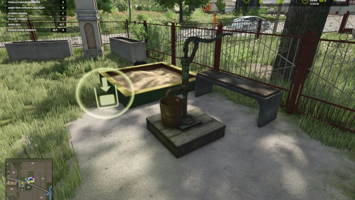 fs25-mods,  FS25 mod Hand water pump v1.0.0.0 shown in a garden setting next to a sandbox and bench.