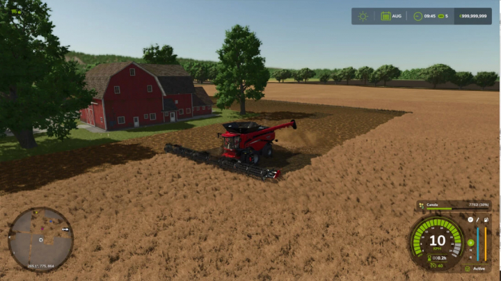 fs25-mods,  FS25 mod Harrison Farms v1.0.0.0 showing a harvester in a field near a red barn.