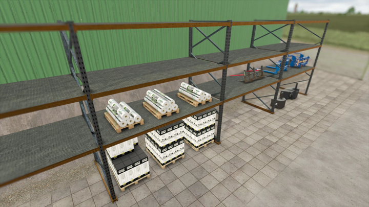 fs25-mods, FS25 mod Heavy Duty Rack Element showing shelves with pallets and equipment.