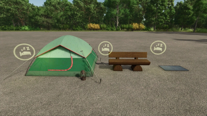 fs25-mods,  FS25 mod Hobo Farmhouse Pack v1.0.0.0 featuring a tent, bench, and mat with sleep icons set in a forest environment.