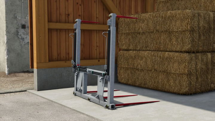 fs25-mods,  Hydraulic Bale Fork mod in FS25 next to stacked hay bales in a barn setting.