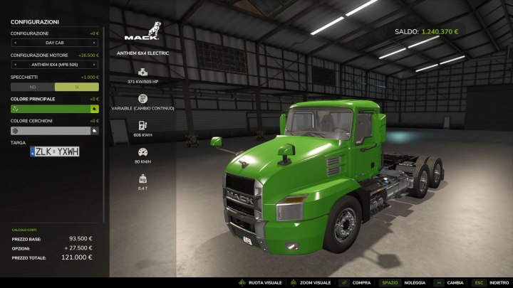 fs25-mods,  FS25 mods: IllGib Electro Pack v1.0.0.0, green Mack Anthem 6x4 Electric truck with configuration menu visible in Farming Simulator 25.