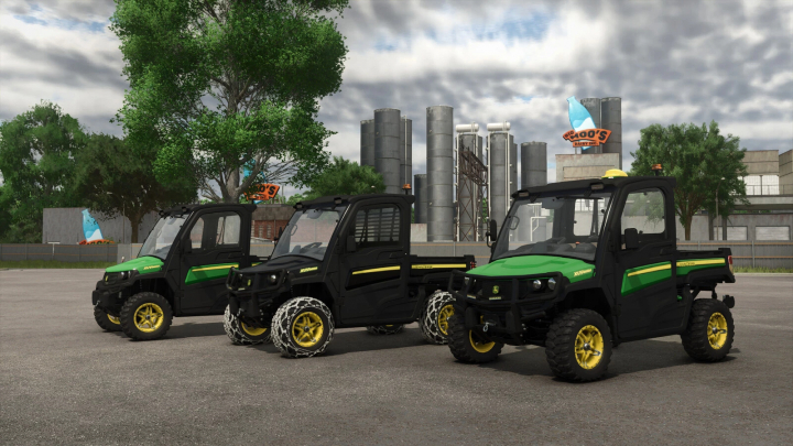 fs25-mods,  Three John Deere XUV865M Forestry vehicles in Farming Simulator 25 mod, set against industrial background.