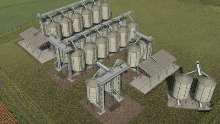 fs25-mods,  Large Silo Pack v1.0.0.0 mod in FS25 features multiple silos in a green field.