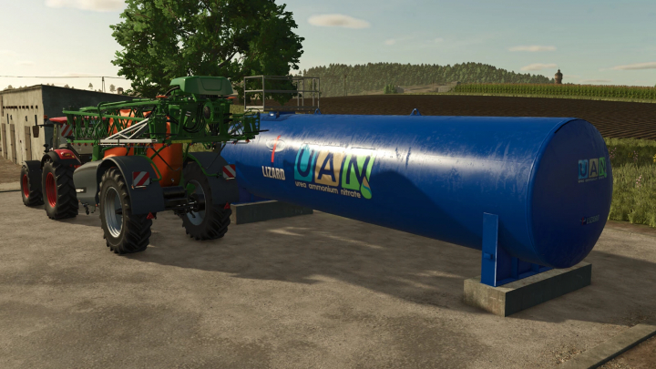 fs25-mods,  Lizard Container v1.0.0.0 mod from FS25, featuring a large blue tank labeled UAN attached to farming equipment.