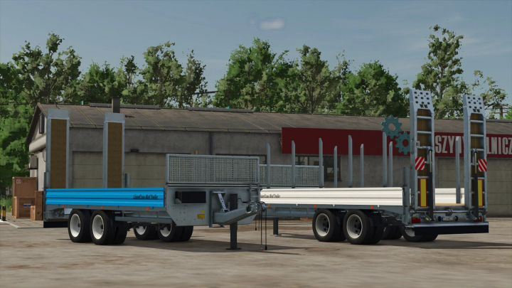 fs25-mods,  Lizard Low-Bed Trailer mod for FS25 displayed in a yard setting, showcasing its detailed design.