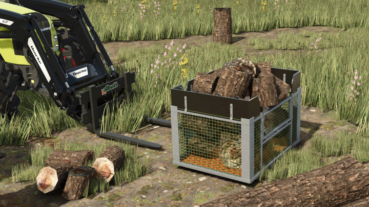 fs25-mods,  Lizard Transport Box mod in FS25 filled with logs, next to a tractor in a grassy area.