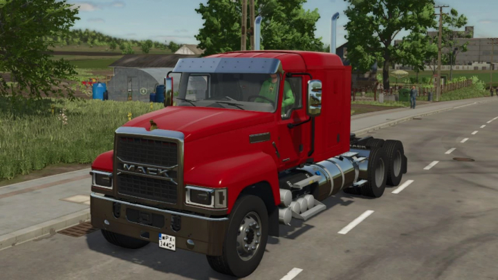 fs25-mods,  Red Mack Pinnacle truck mod in FS25, parked on a country road in Farming Simulator 25.