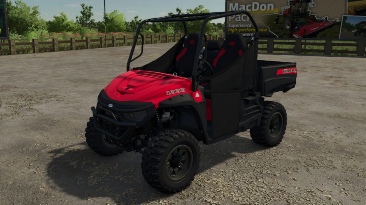 fs25-mods,  Mahindra Retriever 1000 mod for FS25, showcasing a red and black utility vehicle on a farm setting.