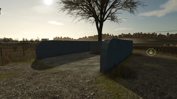 fs25-mods,  Image of ManureBunker mod for Farming Simulator 25, showing a concrete bunker with a tree and fields in the background. FS25 mods.