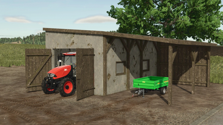 fs25-mods,  Medium Garage mod for FS25 showing a tractor and trailer under a rustic shelter.