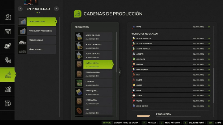 fs25-mods,  Farming Simulator 25 Multiple Factory mod interface showing production chains and product storage options.