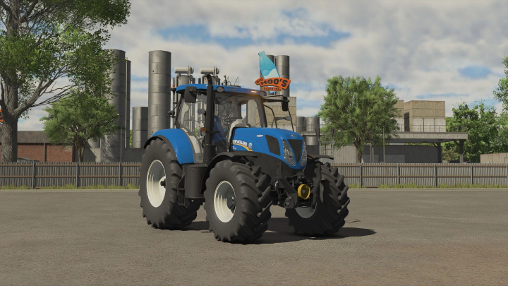 fs25-mods, New Holland T7 2011 Series mod in Farming Simulator 25, showing a blue tractor with industrial background