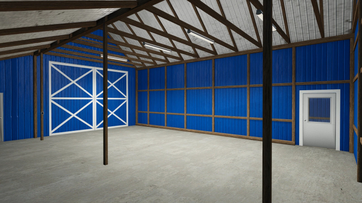 fs25-mods,  Interior view of the Old Barn mod in FS25, featuring blue walls and wooden beams.