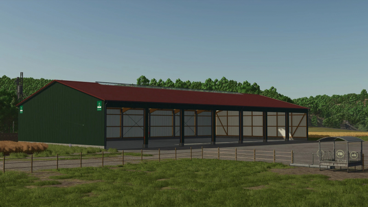 fs25-mods, Open Garage mod for Farming Simulator 25, showcasing a large green and red barn in a rural setting.