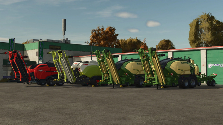 fs25-mods,  Pack of balers with windrower in FS25 mods, featuring various brands outside a tractor center.