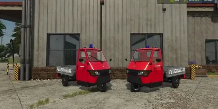 fs25-mods,  FS25 mods: Piaggio APE 50 Fire Department model shown in Farming Simulator 25, featuring two red vehicles parked outside a building.