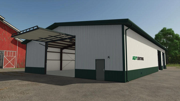 fs25-mods,  Placeable AGI Sentinel Garage mod in FS25 with open door, featuring white and green design.