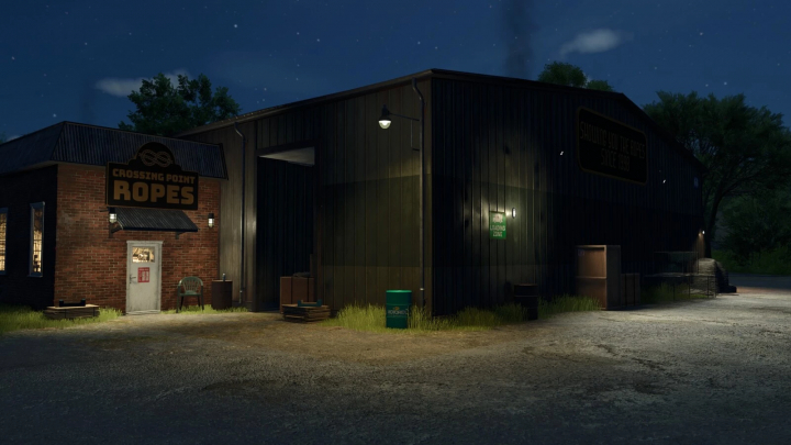 fs25-mods,  Warehouse with placeable wall lights in FS25 mod, creating ambient night scene.