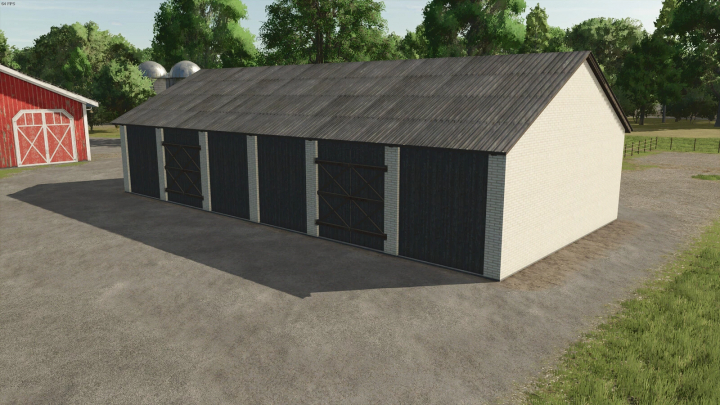 fs25-mods,  FS25 Polish Barn mod v1.0.0.0 showing a large barn with dark wood doors in a rural setting.