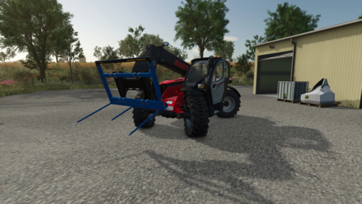 fs25-mods, FS25 mod Robert FB160 v1.0.0.0 showing a telehandler with a bale fork attachment near a farm building.