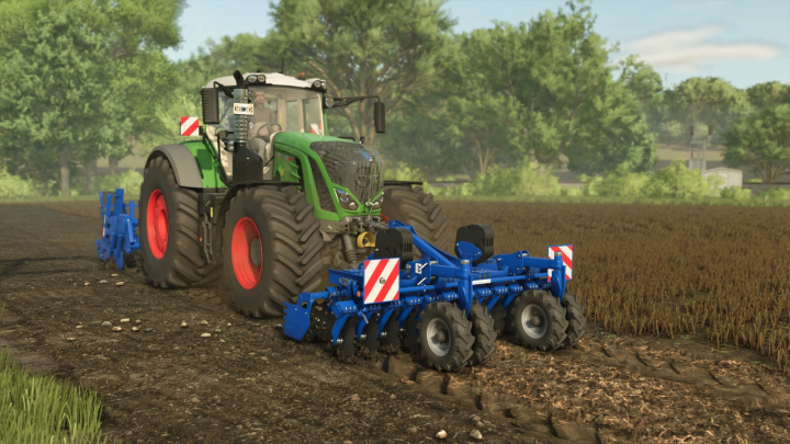 fs25-mods,  FS25 mod: Rolmako Disc Harrow attached to front of tractor on a field in Farming Simulator 25.