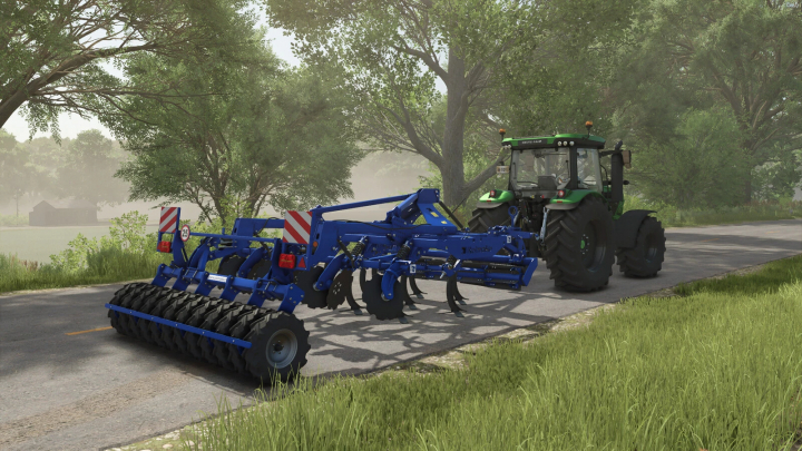 fs25-mods,  FS25 mod: Rolmako U436 3m Pack v1.0.0.0, showing a blue agricultural implement attached to a green tractor on a road.