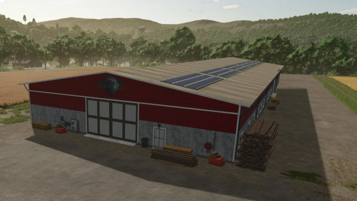 fs25-mods,  FS25 Sawmill mod v1.0.0.0 in a scenic farm setting with solar panels, showcasing Farming Simulator 25 mods.