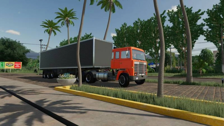 fs22-mods,  Scania LK140 Farias v1.0.0.0 mod for FS22, showcasing an orange truck with trailer, set in a tropical environment with palm trees.