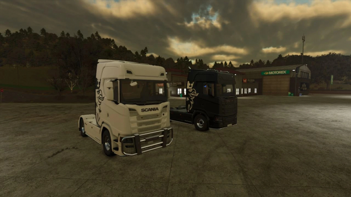 fs25-mods, Scania S v1.0.0.0 trucks in FS25 mod, showcasing white and black models in a rural setting.