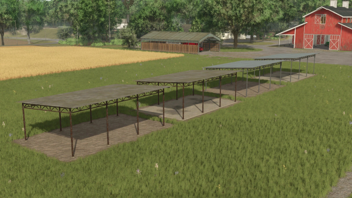 fs25-mods,  FS25 mods: Shed Package v1.0.0.0 featuring multiple sheds on grassy farmland in Farming Simulator 25.