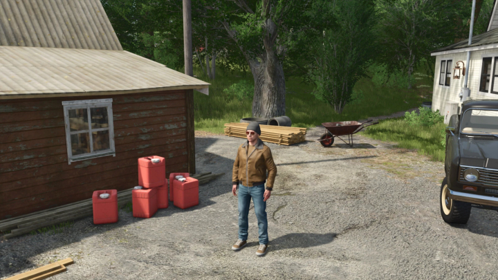 fs25-mods,  FS25 Silage Additive Drum mod with character standing by red drums in farm setting.