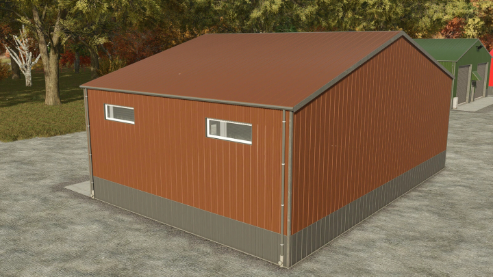 fs25-mods,  Image of Small Hall mod in FS25, featuring a brown barn with metal siding, surrounded by trees.