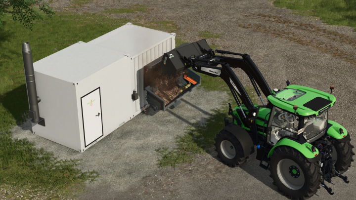 fs25-mods, FS25 mod Small Heating Plant v1.0.0.0 depicts a tractor loading biomass into a compact heating unit on a farm.