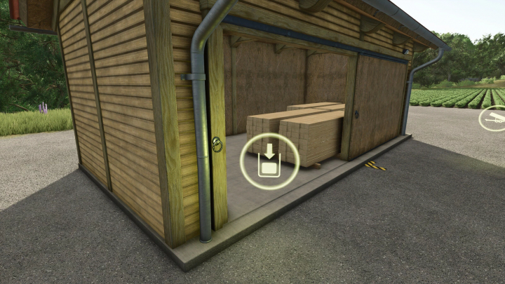 fs25-mods,  FS25 mod Small Pallet Storage in a barn with wooden pallets inside, enhancing Farming Simulator 25 gameplay.