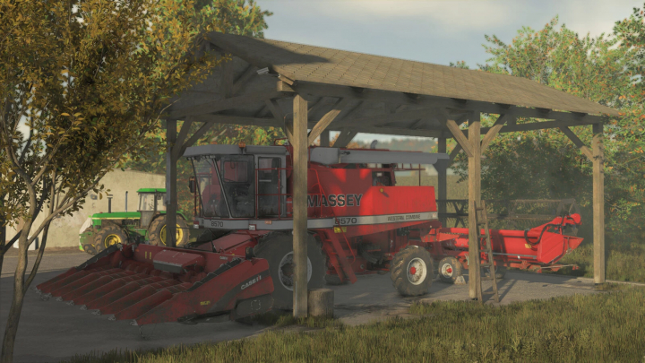 fs25-mods,  A red combine harvester under a small shed in FS25 mods.